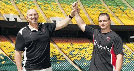  ?? — POSTMEDIA NEWS FILES ?? Aaron Carpenter, right, broke the record for games played during a test match on Saturday against Romania. He surpassed the 76 caps previously recorded by Al Charron of Ottawa.