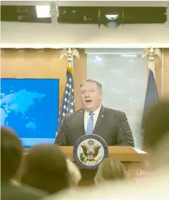  ??  ?? Pompeo announces the creation of the Iran Action Group at the Department of State in Washington, DC. — AFP photo