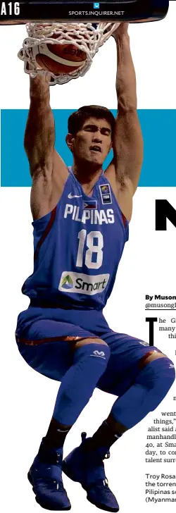  ?? —AUGUST DELA CRUZ ?? Troy Rosario slams home one of the torrent of gimmes Gilas Pilipinas scored against Burma (Myanmar).