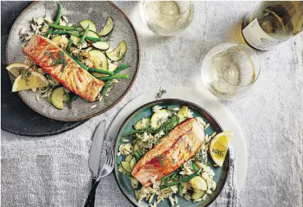  ??  ?? Salmon Fillets With Green Beans &amp; Zucchini Orzo