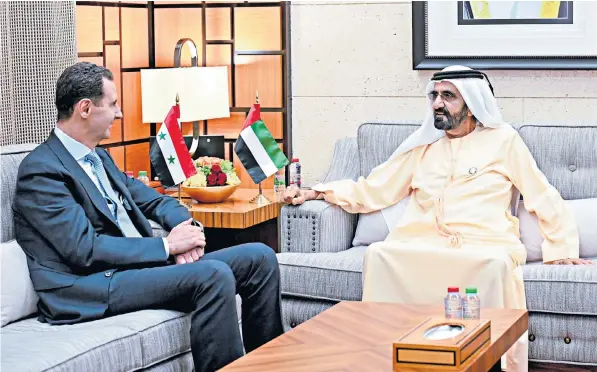  ?? ?? Syria’s President Bashar Al-Assad talks with the UAE’s de facto ruler, Sheikh Mohammed bin Rashid al-Maktoum, in Dubai, a meeting that has annoyed the US which decried efforts to normalise relations with Damascus