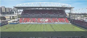  ?? MARK BLINCH/THE CANADIAN PRESS ?? CFL players are not big fans of the use of artificial turf in BMO Field’s end zones.