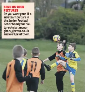  ??  ?? Durham City Juniors u9s (yellow)and Leam Rangers u9s (orange/black) in Russell Foster League action at Newbottle.