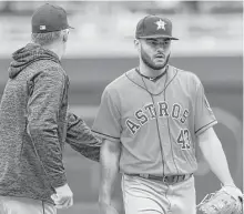  ?? Jim Mone / Associated Press ?? Lance McCullers Jr. (43) was Max Kepler’s first home run victim of the day and was promptly hooked by Astros manager A.J. Hinch after Kepler’s two-run homer capped an eight-run Twins outburst in the fourth inning.