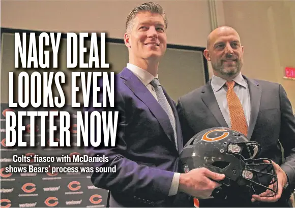  ??  ?? Bears general manager Ryan Pace and coach Matt Nagy strike a pose after Nagy’s introducto­ry news conference Jan. 9 at Halas Hall. | JONATHAN DANIEL/ GETTY IMAGES