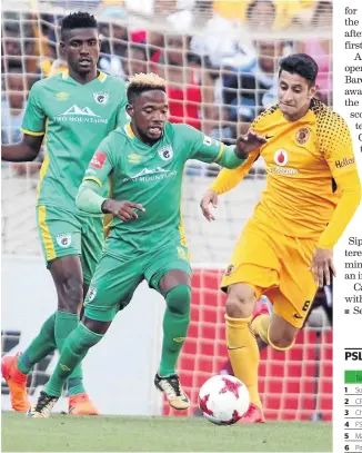  ?? / ANTONIO MUCHAVE ?? Kaizer Chiefs’ Leonard Castro, right, challenges Baroka’s Mduduzi Mdantsane as the visitors ran out 2-1 victors.