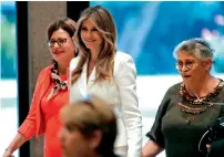  ?? AFP ?? First lady Melania Trump (centre) and Israeli President’s wife Nehama (left) arrive for a press conference at the President’s Residence in Occupied Jerusalem on Monday. —