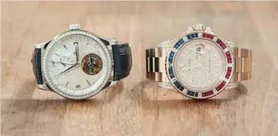  ??  ?? TWO TIMEPIECES THAT REPRESENT MY PERSONAL STYLE
SHINING EXAMPLES
Jaeger-LeCoultre Master Tourbillon Dualtime in white gold and diamonds, and Rolex GMTMaster II in rose gold and sapphires, rubies and diamonds.