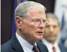  ?? [PHOTO BY SARAH PHIPPS, THE OKLAHOMAN ARCHIVES] ?? U.S. Sen. Jim Inhofe speaks to the media in this photo from 2016 Inhofe said some parts of the country’s military is lagging behind China and Russia when it comes to size and modernizat­ion.