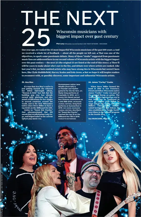  ?? Milwaukee Journal Sentinel | USA TODAY NETWORK – WISCONSIN GETTY IMAGES; MILWAUKEE JOURNAL SENTINEL; RICK WOOD, MILWAUKEE JOURNAL SENTINEL; CHARLOTTE RUTHERFORD AP; ?? Oconomowoc native Jane Wiedlin (from left) is co-founder and rhythm guitarist for the Go-Go’s. Skylar Grey performs at Coachella in 2018. Eric Benet earned four Grammy nomination­s as a solo R&B artist. Greg Koch performs at Summerfest in 2018.
Ava Max’s hit “Sweet But Psycho” reached the top 10 on the Billboard Hot 100 in 2019.