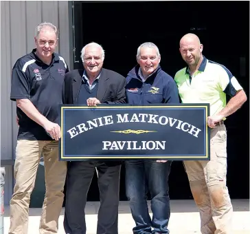  ??  ?? From left: Greg Cole from Cutting Edge Electrical; Ernie Matkovich, benefactor donating to the community; Rob Pandolfo, President Ellinbank FNC; Wayne Farnham, Farnham Built, Commercial Builder for the project. The building is proposed to be named the...