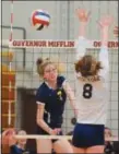  ?? AUSTIN HERTZOG - DIGITAL FIRST MEDIA ?? Pope John Paul II’s Caitlin Gilinger (7) hits down the line for a kill against West York during a PIAA 3A quarterfin­al Saturday at Gov. Mifflin.