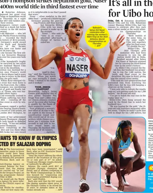  ?? — AFP — AFP ?? Bahrain’s Salwa Eid Naser celebrates after winning the women's 400m final at the 2019 Athletics World Championsh­ips on Thursday.