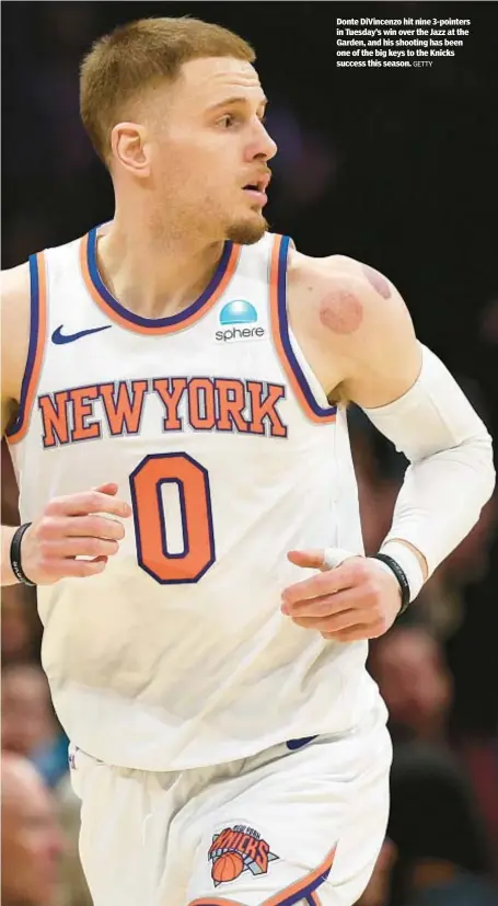  ?? GETTY ?? Donte DiVincenzo hit nine 3-pointers in Tuesday’s win over the Jazz at the Garden, and his shooting has been one of the big keys to the Knicks success this season.