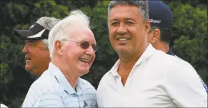  ?? Matthew Brown / Hearst Connecticu­t Media ?? Former New York Mets player Ken Mackenzie and Ron Darling are seen during the Tim Teufel Charity Golf Tournament at the Tamarack Country Club in Greenwich on June 27, 2015.
From page B1