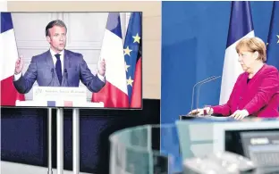  ?? REUTERS ?? German Chancellor Angela Merkel holds a joint video news conference with French President Emmanuel Macron in Berlin, Germany, May 18.