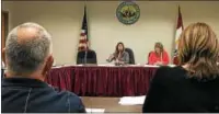  ?? MARK ROBARGE — MROBARGE@TROYRECORD.COM ?? Troy City Council President Carmella Mantello, center, addresses Deputy Mayor Monica Kurzejeski, right front, during a meeting of the council’s General Services Committee on Tuesday night. Sitting next to Mantello is Councilwom­an Kimberly...