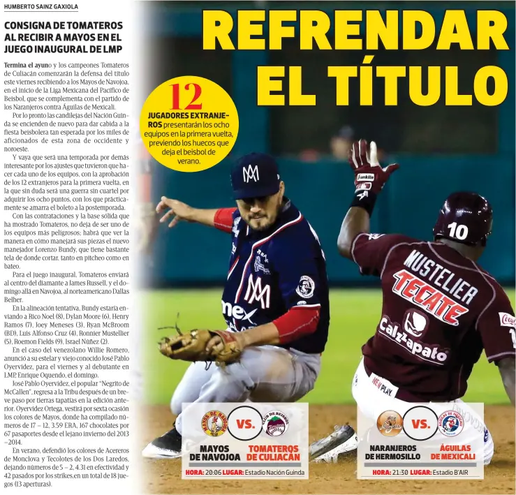  ??  ?? presentará­n los ocho equipos en la primera vuelta, previendo los huecos que deja el beisbol de verano. 20:06 Estadio Nación Guinda 21:30 Estadio B'AIR