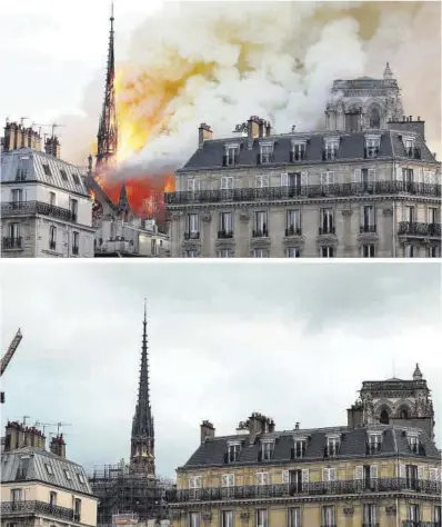  ?? Benoit Tessier y Gonzalo Fuentes / Reuters ?? Torre de la catedral de Notre Dame de París devorada por el fuego el 15 de abril de 2019 y en la actualidad.