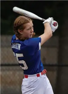  ?? AMANDA SABGA PHOTOS / BOSTON HERALD ?? SEE YA LATER: Medfield’s Kaelyn Larkin takes a hack during ‘A Shot for Life Home Run Derby’ in Reading on Sunday. Below, last years winner Destiny McGrath, of Norton, makes contact during the Austin Prep derby.