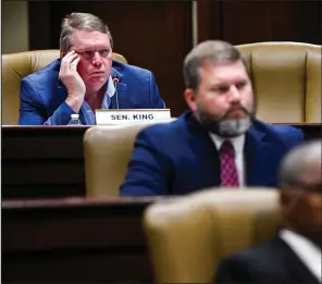  ?? (Arkansas Democrat-Gazette/Stephen Swofford) ?? State Sen. Bryan King, R-Green Forest, asks a question during a meeting of the Legislatur­e’s Joint Budget Committee near the state Capitol on Wednesday.