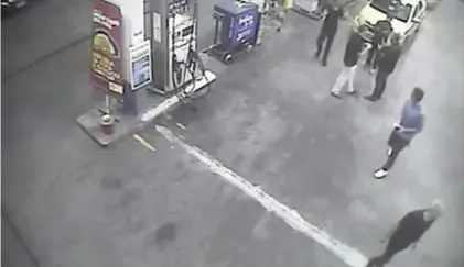  ?? Brazil Police via AP ?? ABOVE: In this frame from surveillan­ce video released by Brazil police, swimmers from the United States Olympic team, including Ryan Lochte, right, appear at a gas station in Rio de Janeiro. A top Brazil police official said the swimmers damaged...
