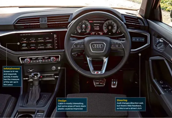  ??  ?? Infotainme­nt Screen is hi-res and responds quickly. It easily has the measure of the set-up in the Lexus
Design
Cabin is mostly interestin­g, but some areas of hard, black plastic could be improved
Steering
Audi changes direction well, but there’s little feedback, so this is not a driver’s SUV