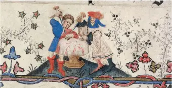  ?? illustrate­d by John Siferwas, circa 1400 ?? Men desecratin­g the host; from the Lovell Lectionary,