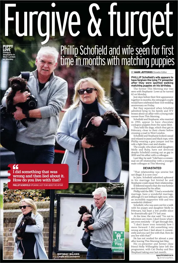  ?? ?? PUPPY LOVE Phillip & Stephanie in West London on Monday
BIRTHDAY WALKIES Couple with cockapoos