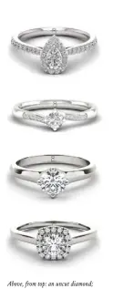  ??  ?? Above, from top: an uncut diamond; 18ct white gold 0.50ct diamond pear ring, £1,999, 18ct white gold 1/5ct engagement ring, £999, platinum 1/3ct diamond ring, £2,199, and 18ct white gold 1/3ct diamond ring, £1,699, all The Diamond Story at Ernest Jones. Left: ring design sketches