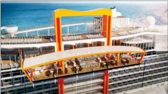  ?? CELEBRITY CRUISES VIA AP ?? Arendering shows the Magic Carpet on Celebrity Edge. The ship begins sailing in November and the Magic Carpet is one of its futuristic design concepts. It’s a cantilever­ed moveable deck that will serve as a walkway, a place to enjoy ocean views, and a...