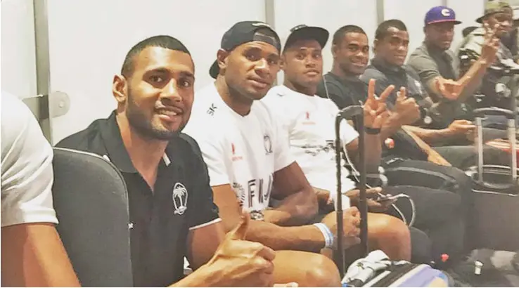  ??  ?? Vodafone Fijian 7s team on their way to Paris (from left); Waisea Nayacalevu, Jasa Veremalua, Amenoni Nasilasila, Vatemo Ravouvou, Kitione Taliga, Masivesi Dakuwaqa and Pio Tuwai.