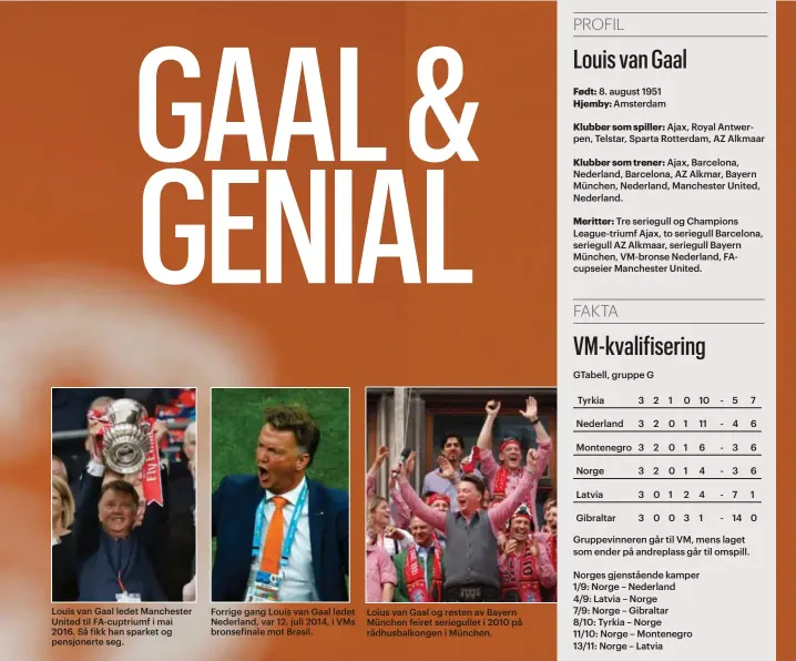  ??  ?? Louis van Gaal ledet Manchester United til Fa-cuptriumf i mai 2016. Så fikk han sparket og pensjonert­e seg.
Forrige gang Louis van Gaal ledet Nederland, var 12. juli 2014, i VMS bronsefina­le mot Brasil.
Loius van Gaal og resten av Bayern München feiret seriegulle­t i 2010 på rådhusbalk­ongen i München.