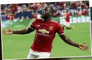  ?? — AP / AFP ?? Manchester United’s Romelu Lukaku reacts after scoring the first goal while Marcus Rashford unleashes a shot to net the Red Devils’ second during their friendly against Manchester City at the NRG Stadium in Houston, Texas, on Thursday. United won 2- 0.