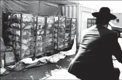  ?? TRIBUNE NEWS SERVICE ?? An Othodox Jew rides by the tarped kaparot tent in a lot in Los Angeles in 2013. During Jewish holy days, some Jews ask forgivenes­s by symbolical­ly transferri­ng their sins to a chicken that is then slaughtere­d. A movement in protest of the practice is growing.