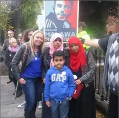  ??  ?? Lorraine with Ibrahim’s sisters Omaima and Fatima Halawa with Ibrahim’s nephew Khallad outside the Egyptian Embassy.