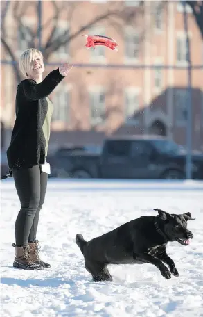  ?? QC PHOTO BY TROY FLEECE ?? Regina Police Service (RPS) Sgt. Tia Froh plays Frisbee with Merlot, a facility dog with the RPS.