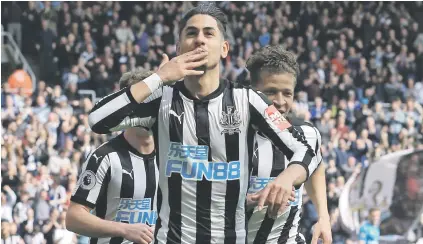  ?? Picture: AFP ?? EUPHORIC. Newcastle United’s Ayoze Perez celebrates after scoring during their 2-1 win over Arsenal in the English Premier League at St James’ Park yesterday.