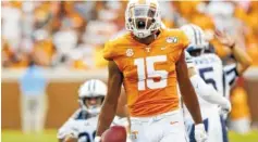  ?? STAFF PHOTO BY C.B. SCHMELTER ?? Tennessee wide receiver Jauan Jennings (15) celebrates after a catch against BYU on Sept. 7 at Neyland Stadium.