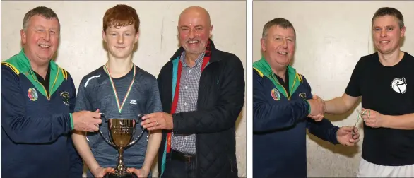  ??  ?? Seán White, men’s ‘A’ winner (centre), with Tom Dunphy (Chairman) and John Young (sponsor).
Barry Deegan, men’s ‘A’ runner-up, with Tom Dunphy (Chairman).