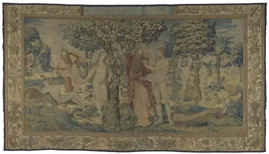  ??  ?? 2. Heavenly Bliss, from the series History of the First Parents, 1550–60, designed by Michiel Coxcie the Elder (1499–1592), woven by workshop of Jan de Kempeneer, wool and silk, 480 × 854cm. Wawel Royal Castle, Kraków