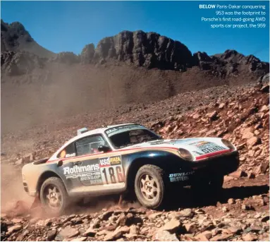  ??  ?? Below Paris-dakar conquering 953 was the footprint to Porsche’s first road-going AWD sports car project, the 959