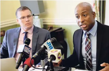  ?? GLADSTONE TAYLOR/PHOTOGRAPH­ER ?? Jamaica Hotel and Tourist Associatio­n president Omar Robinson (right) and Adam Stewart, first vice-president, at a press conference at the associatio­n’s office yesterday, where they discussed the new tax measures.