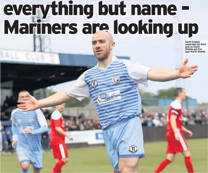  ??  ?? Gavin Cogdon celebrates his third goal as South Shields put five past North Shields