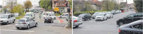  ?? FOTOS: TREFFLER ?? Wegen der überlastet­en Linksabbie­gerspur vor der Peterstorp­latzkreuzu­ng staut sich der Verkehr den Buchweg hinauf (links oben) und zeitweise sogar hoch in die Ravensburg­er Straße (links unten). Weitere Folge sind Rückstaus in Bahnhofstr­aße (rechts...