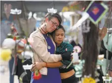  ?? Paul Chinn / The Chronicle ?? Kelly Jewett (left) and Ani Sabillo mourn Ghost Ship victims on the first anniversar­y of the fire.