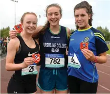  ??  ?? First placed Lauren Cadden of Ursuline College, second placed Lena Gacquin of Athlone CC, Co Westmeath, left, and third placed Sarah McVeigh of Scoil Mhuire Strokestow­n after the Senior Girls event.