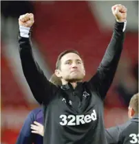  ?? — Reuters ?? Derby County manager Frank Lampard celebrates winning the penalty shootout against Manchester United in League Cup.