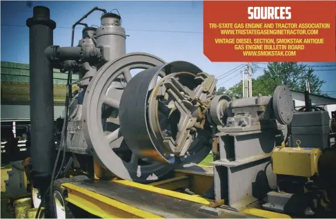  ??  ?? The flywheel on this bad boy weighs three tons—not including the clutch and belt pulley. The pulley drove a 36-inch belt. The clutch allowed the engine to also be coupled to another piece of machinery independen­tly. The engine is mounted on a very burly, twin-axle, dual-wheel trailer.