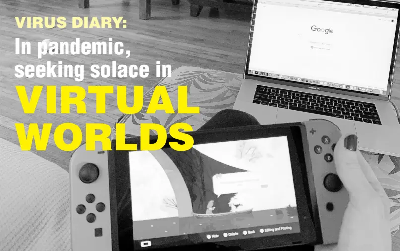  ?? AP ?? Associated Press writer Tamara Lush plays video games during the coronaviru­s outbreak with the news on the television in the background October 26, 2020, in St. Petersburg, Fla. She started playing Plague, Inc. on her iPad in 2014. A pandemic could never happen in real life, she figured. But six years later, this Florida-based writer is seeking solace in virtual worlds, and found a poignant message in one Nintendo Switch game called Spiritfare­r.